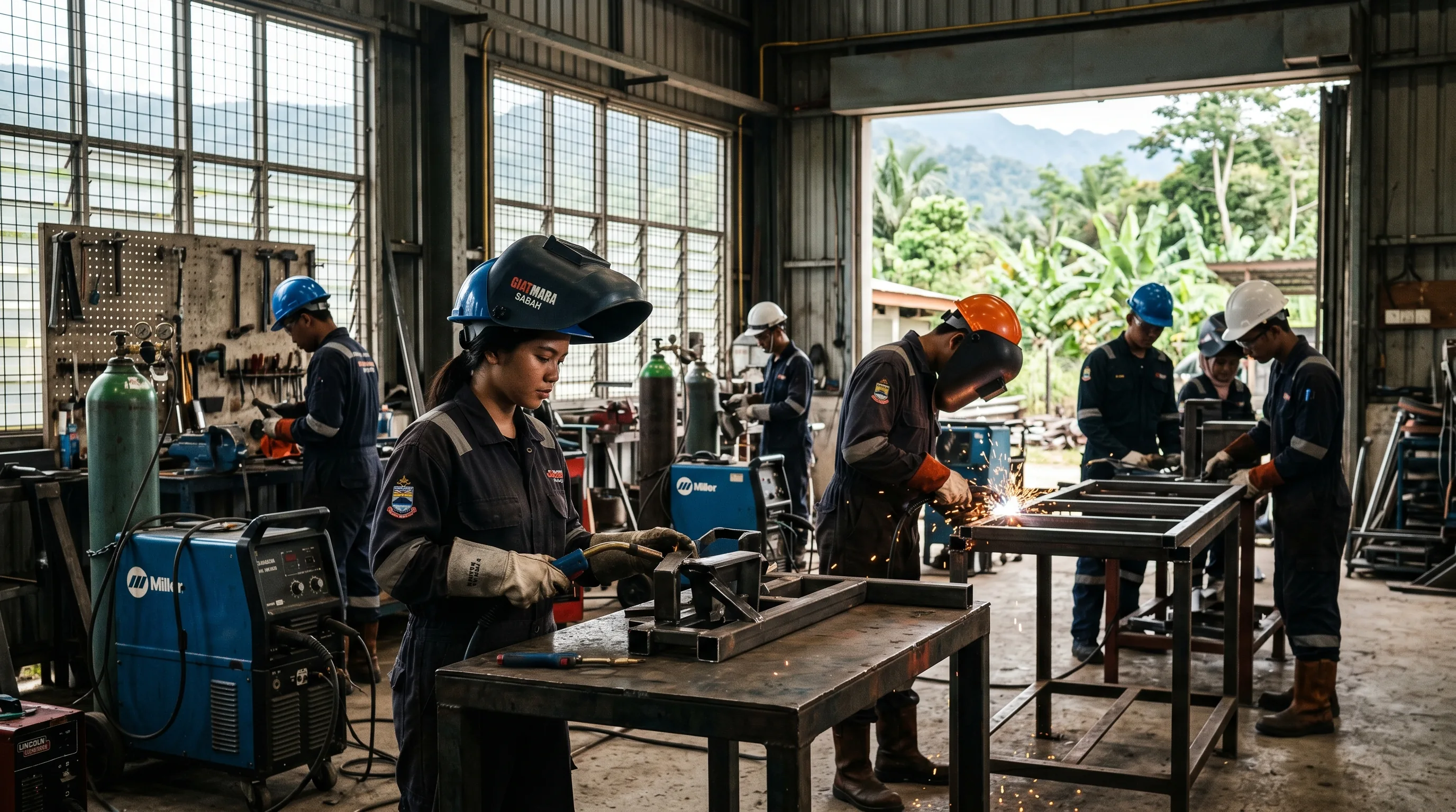 Southeast Asian Malaysian trainee welder in protective gear practising pipe welding at a technical training institute in Kota Kinabalu, Sabah