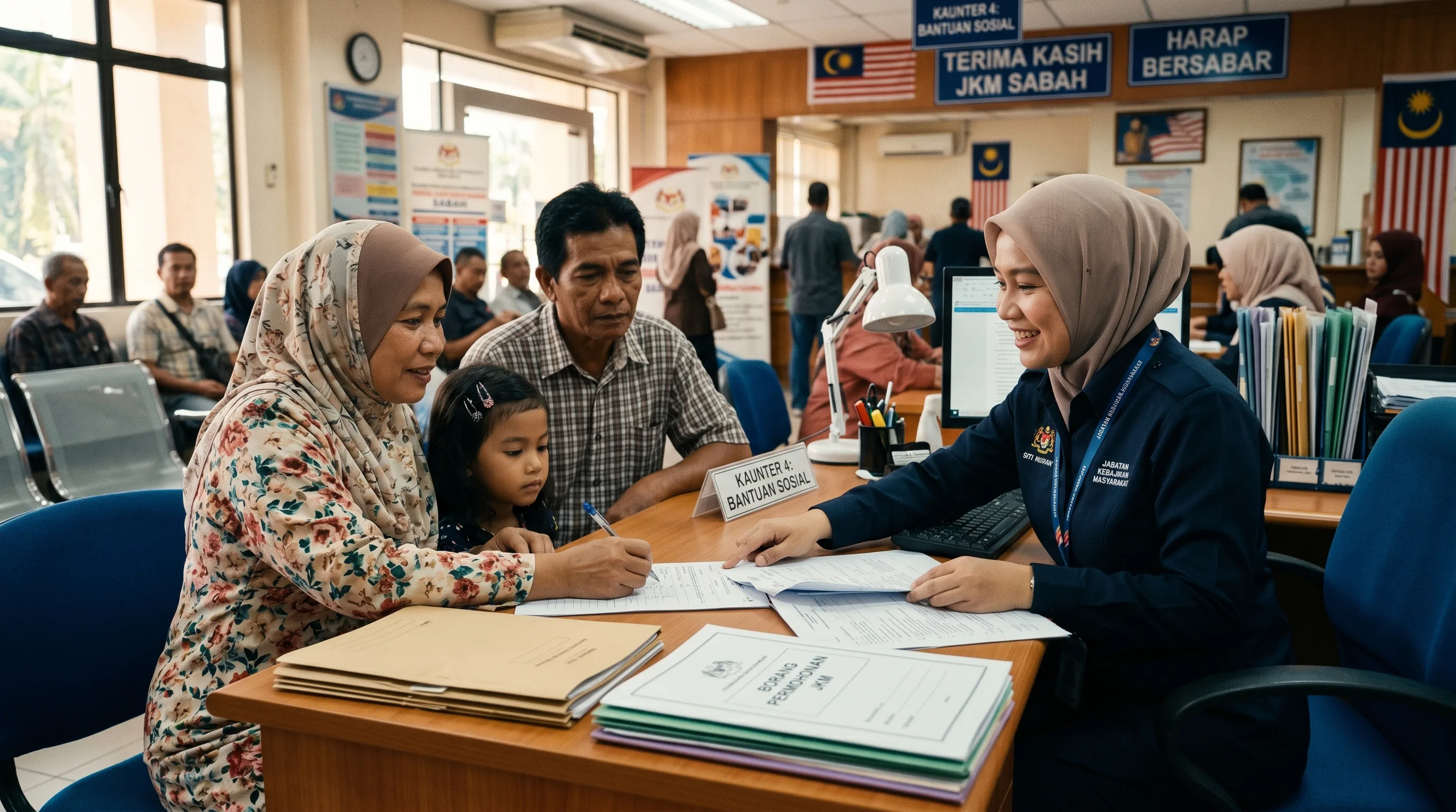 A Malaysian welfare officer assisting a family at a Social Welfare Department counter in Kota Kinabalu, Sabah