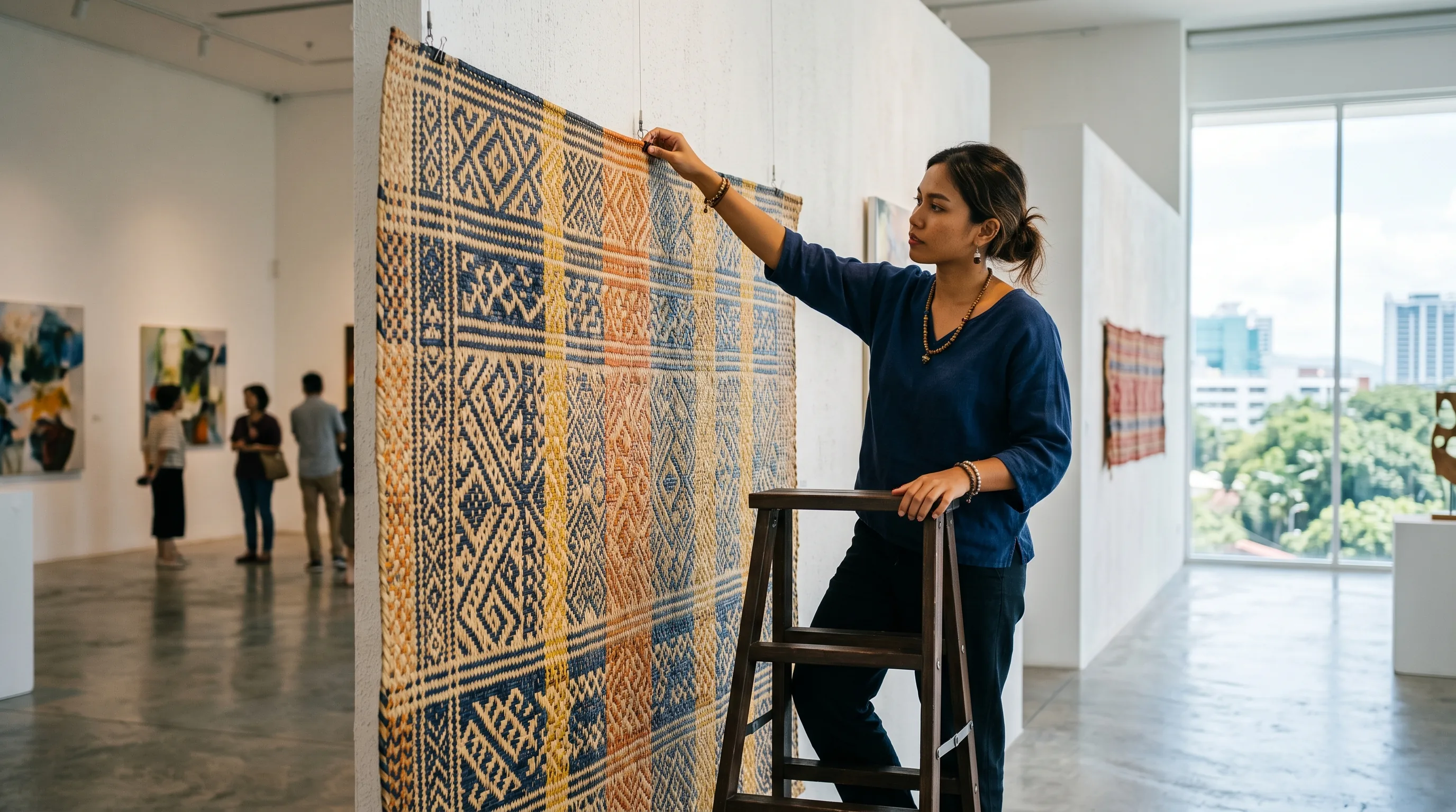 A Malaysian artist arranging a large handwoven mat artwork in a gallery, evoking Sabah's Yee I-Lann and her textile practice